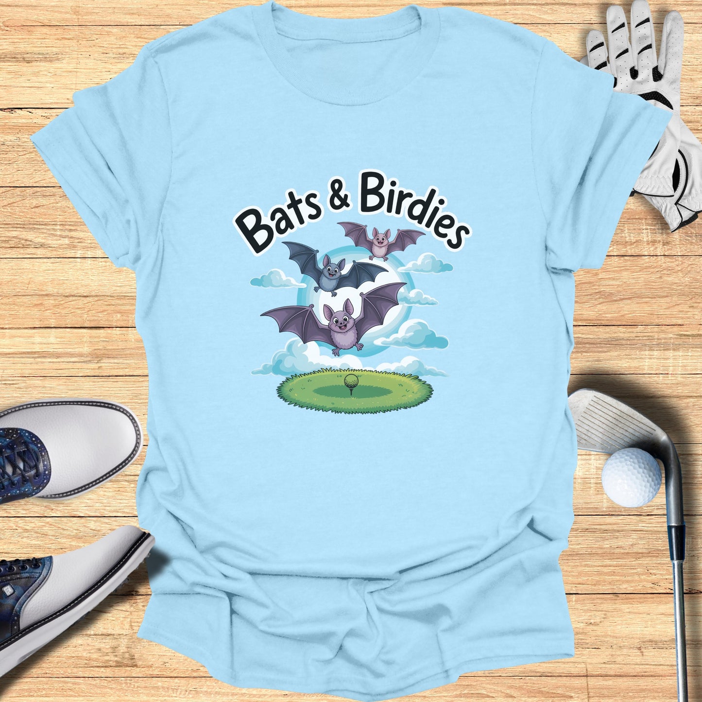 Bats and Birdies Golf Themed Design T-shirt product type
