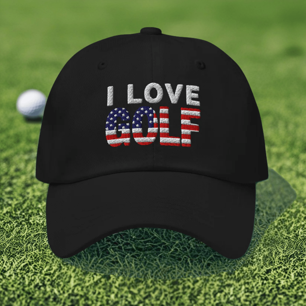 I Love Golf USA Flag Patriotic Embroidered Golf Cap - Funny Golf Tee by Swing Epic
