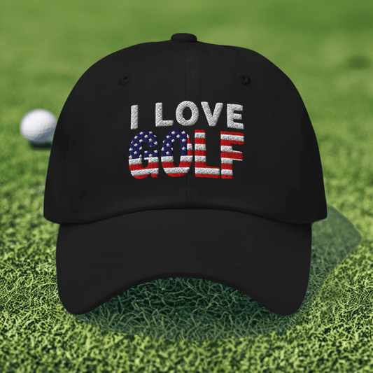 I Love Golf USA Flag Patriotic Embroidered Golf Cap - Funny Golf Tee by Swing Epic