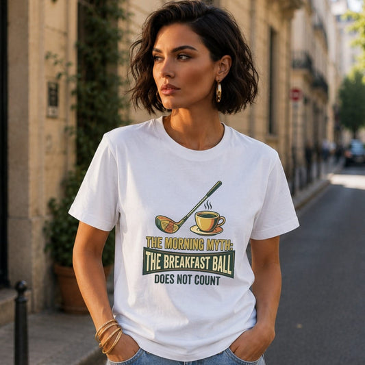 Woman wearing a white t-shirt with "The Morning Myth: The Breakfast Ball Does Not Count" graphic.