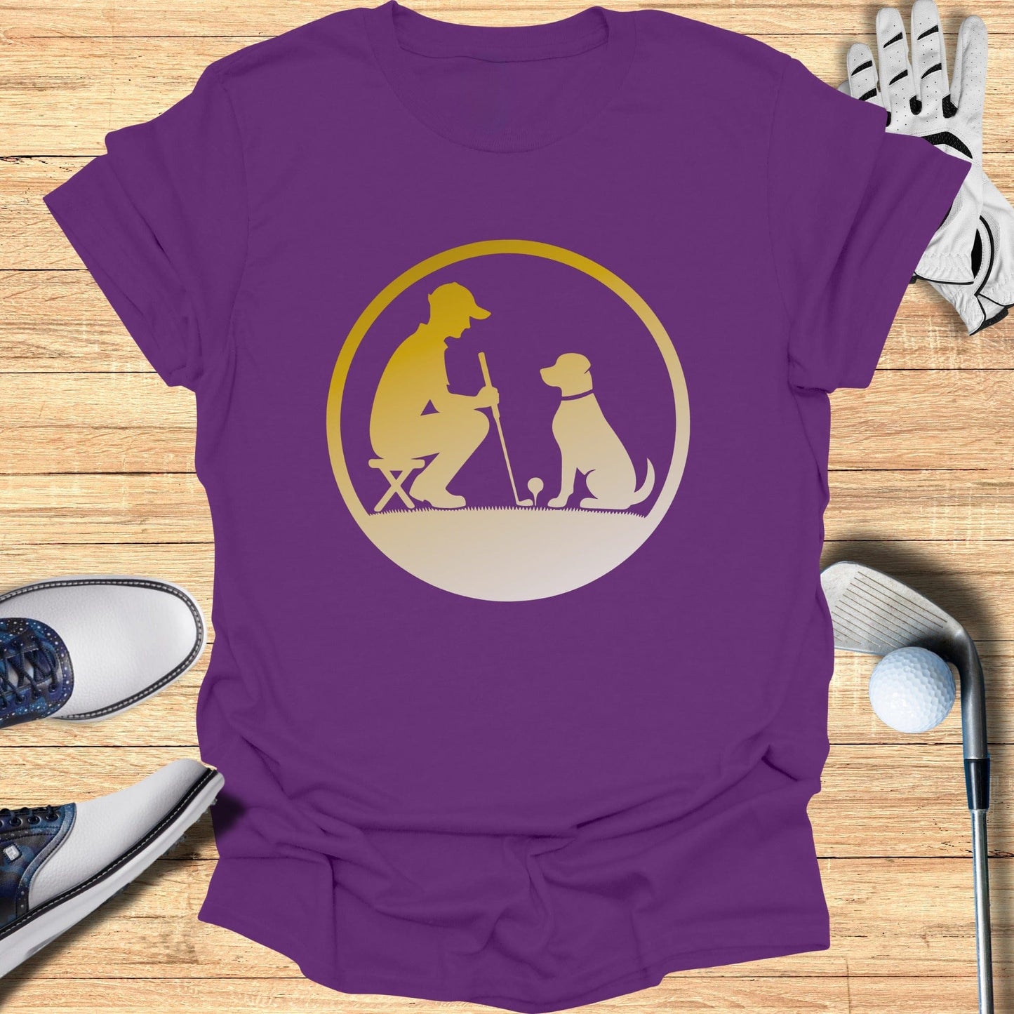 Golfer with Dog Icon Purple Graphic Tee Shirt