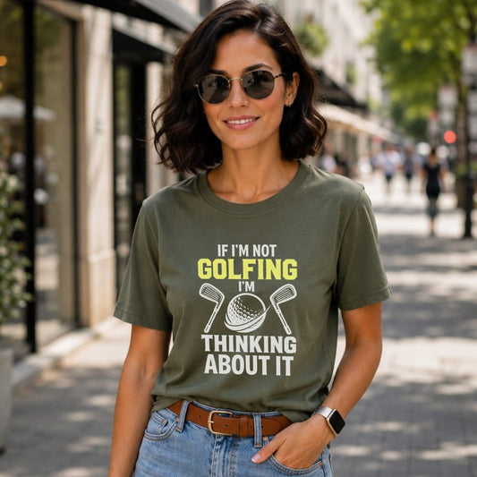 Woman wearing olive green t-shirt with "If I'm Not Golfing I'm Thinking About It" text.