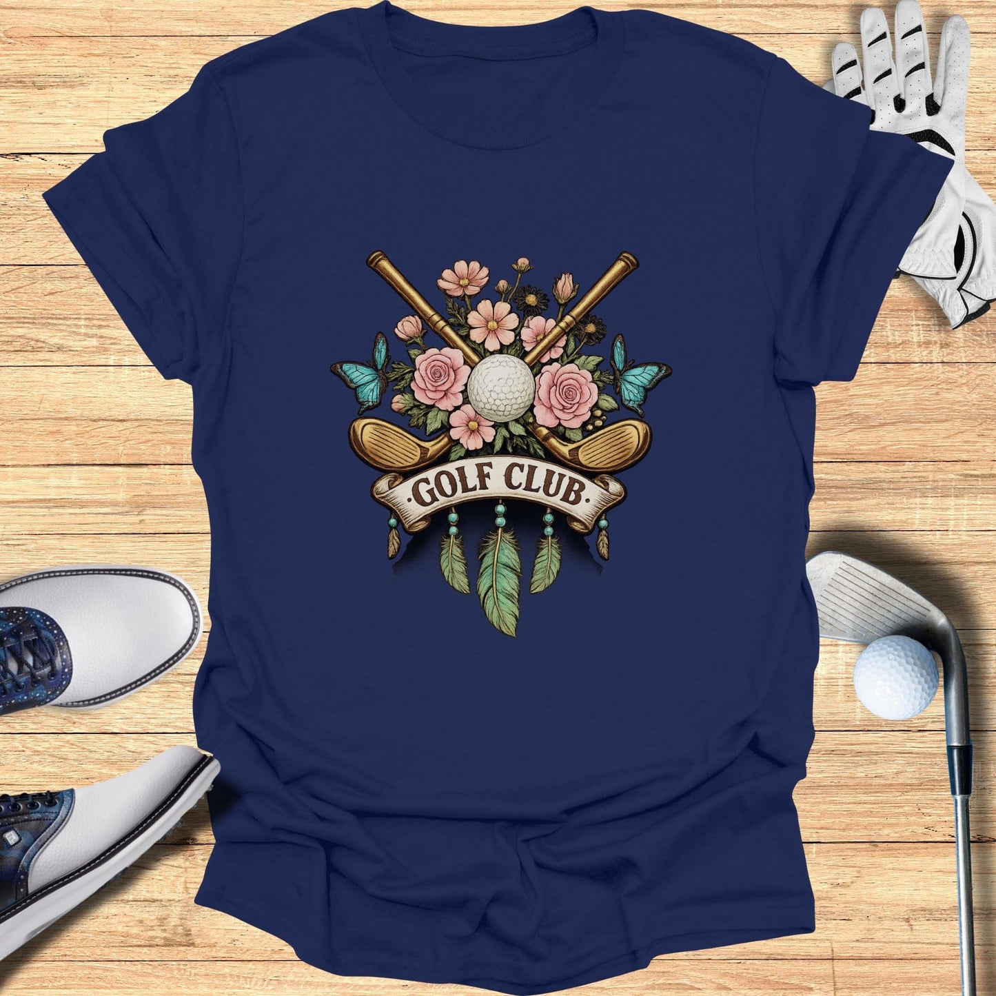 Floral Golf Club Emblem with Butterflies Design Shirt