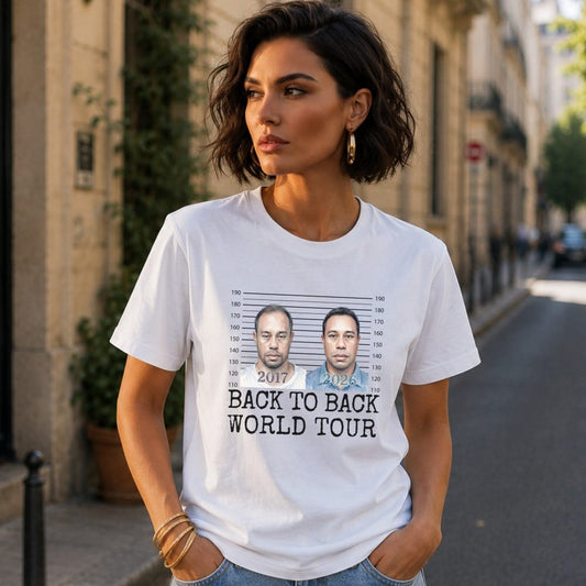White t-shirt with mugshot-style graphics and "Back to Back World Tour" text.