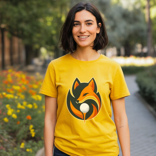 Smiling Woman Wearing Yellow T-Shirt with Fox Design