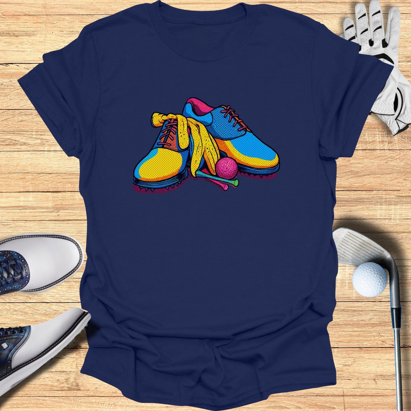 Colorful Golf Shoes Print on Blue T-Shirt Product
