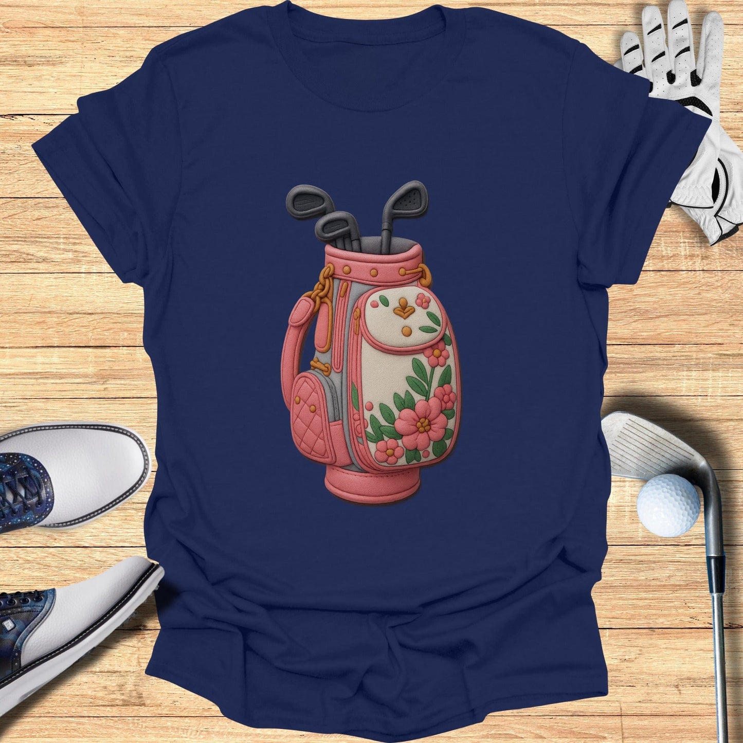 Retro Golf Bag with Clubs and Floral Design Shirt