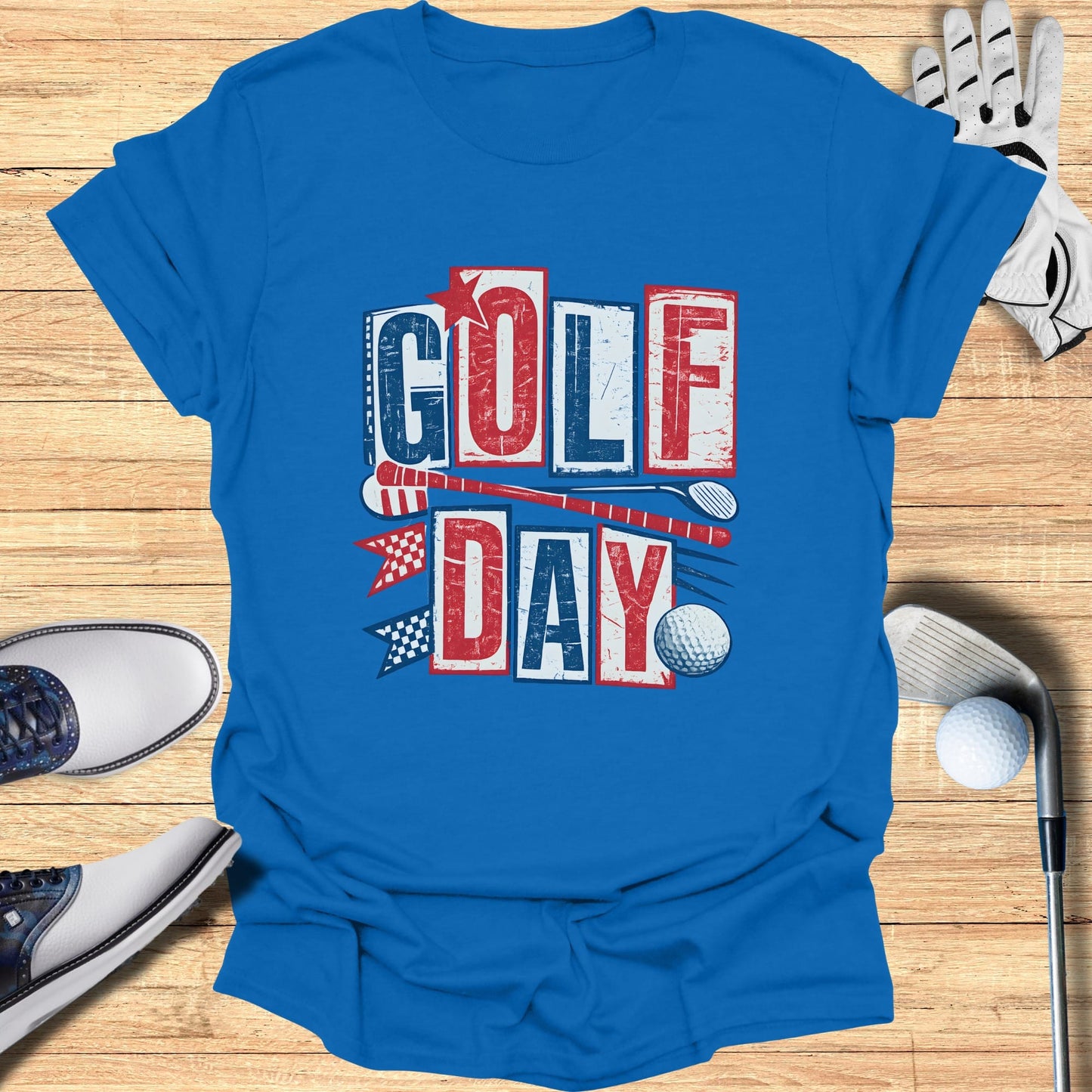 Blue t-shirt with "GOLF DAY" text, golf clubs, and a ball.