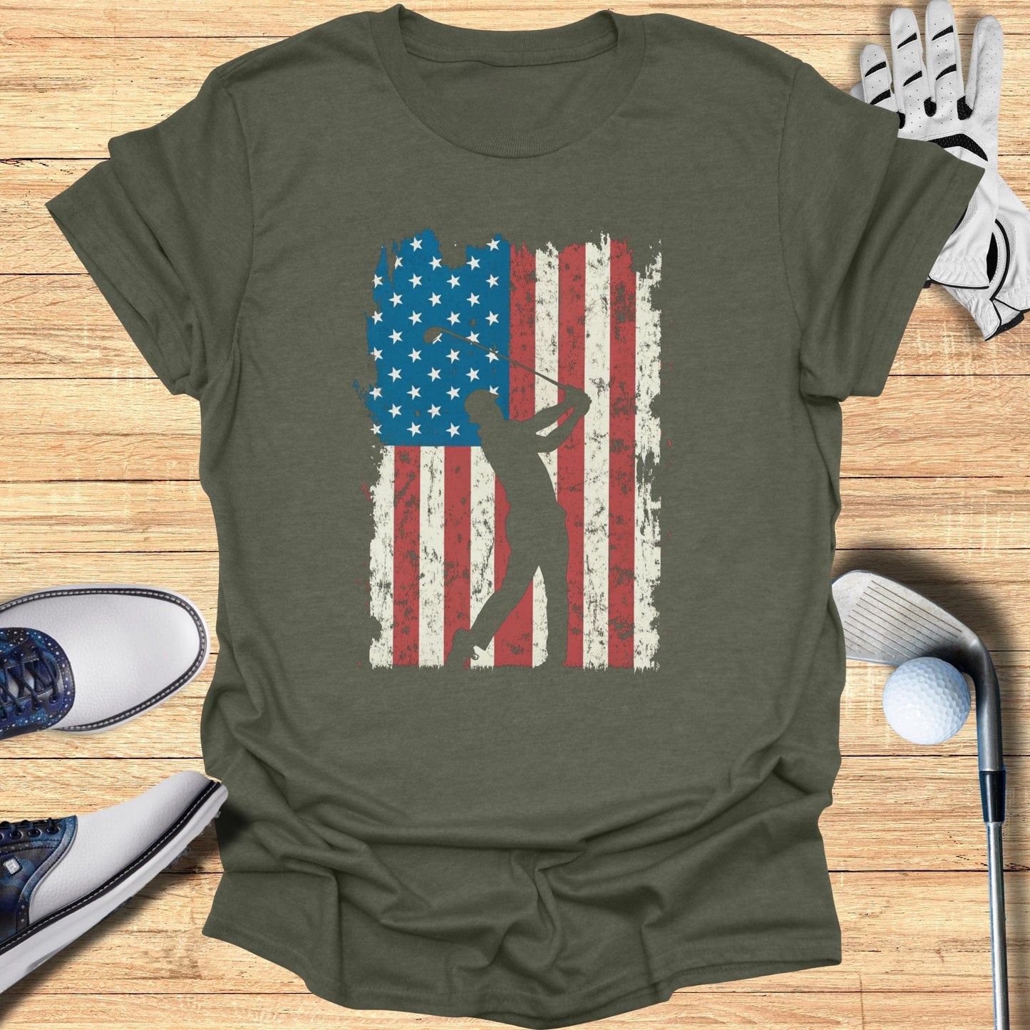 Patriotic Silhouette American Flag T-Shirt - Funny Golf Tee by Swing Epic