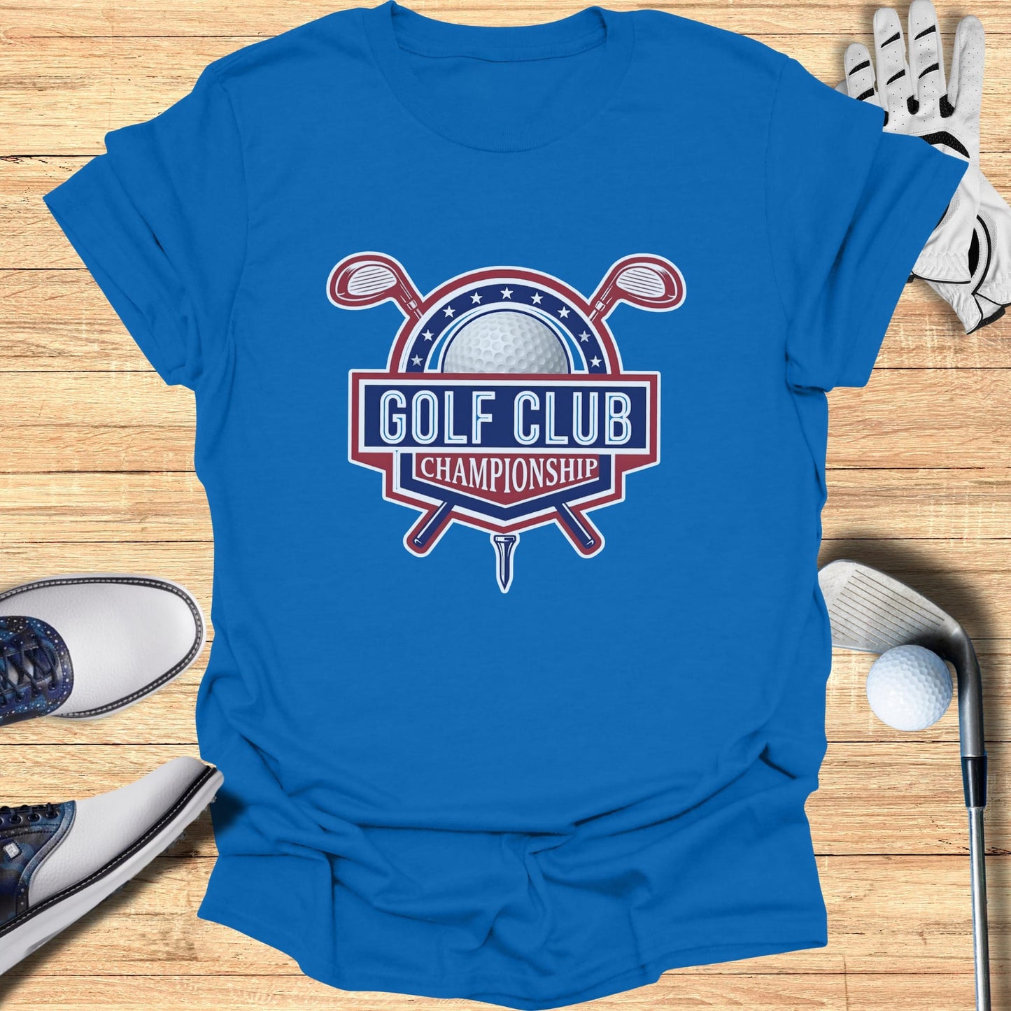 Blue t-shirt with "Golf Club Championship" logo and golf accessories.