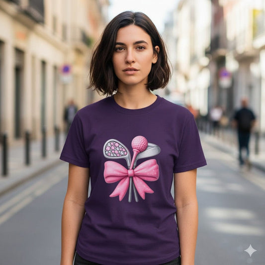 Stylish Pink Bow Golf Clubs Graphic Tee Shirt