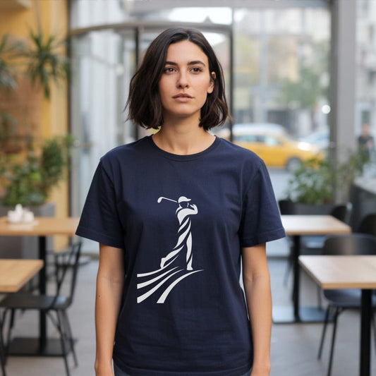 Stylish navy tee with abstract golfer design