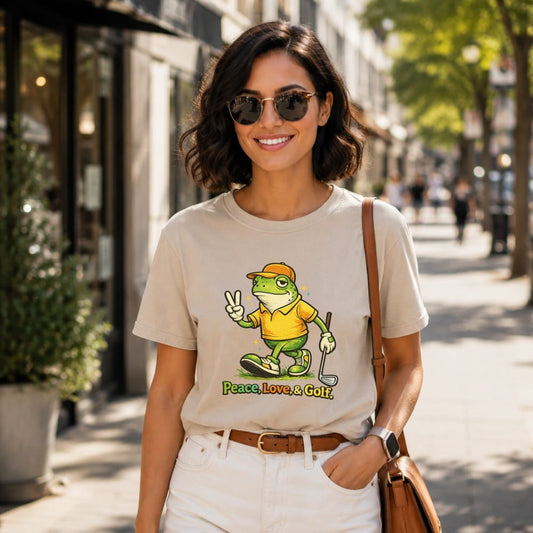 T-shirt featuring a cartoon frog in golf attire giving a peace sign.