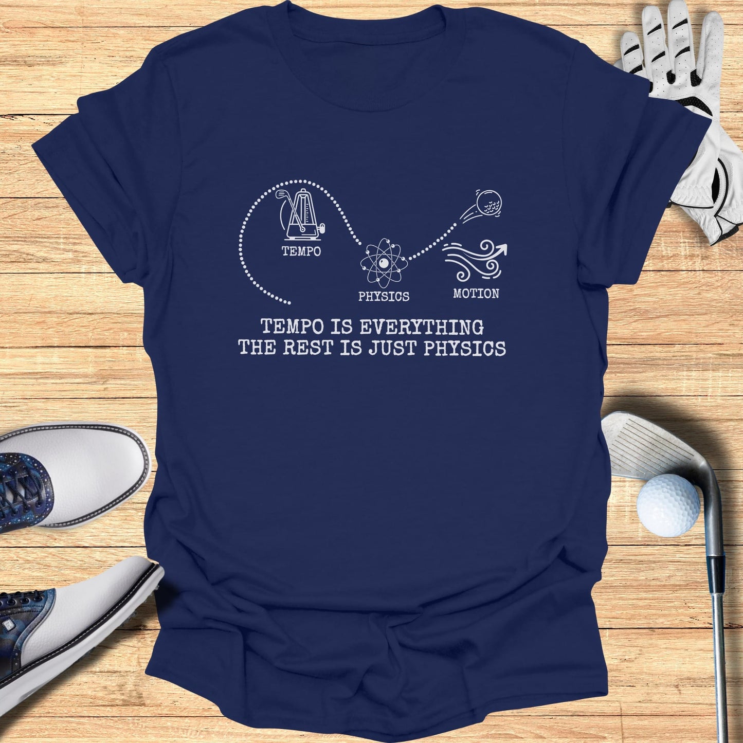 Dark blue t-shirt with "Tempo is everything the rest is just physics" text and graphics.