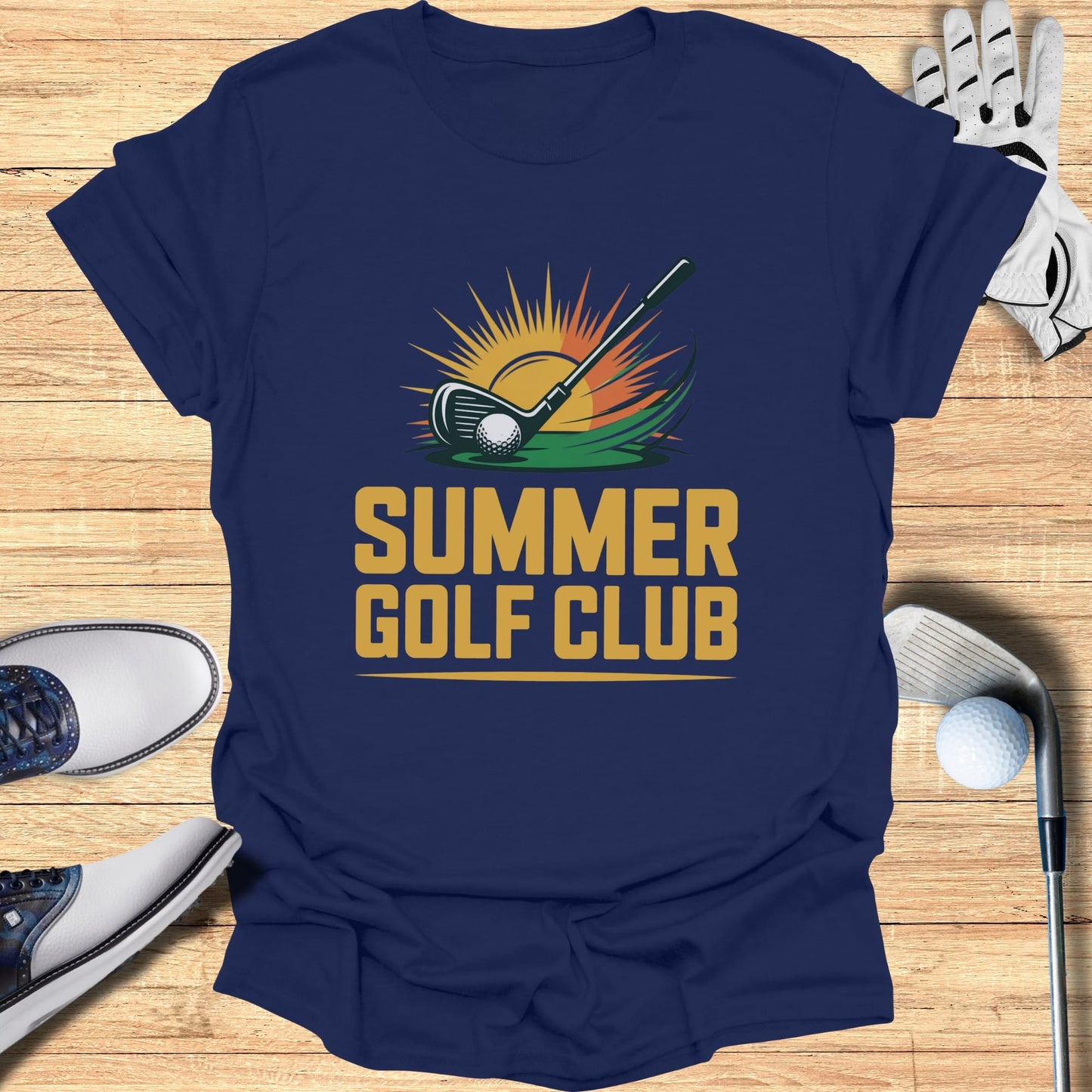 Navy t-shirt with "SUMMER GOLF CLUB" text and golf imagery.
