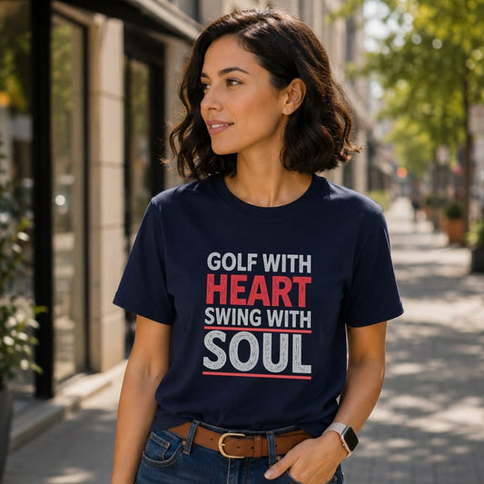 Woman wearing navy t-shirt with "GOLF WITH HEART" and "SWING WITH SOUL" text.