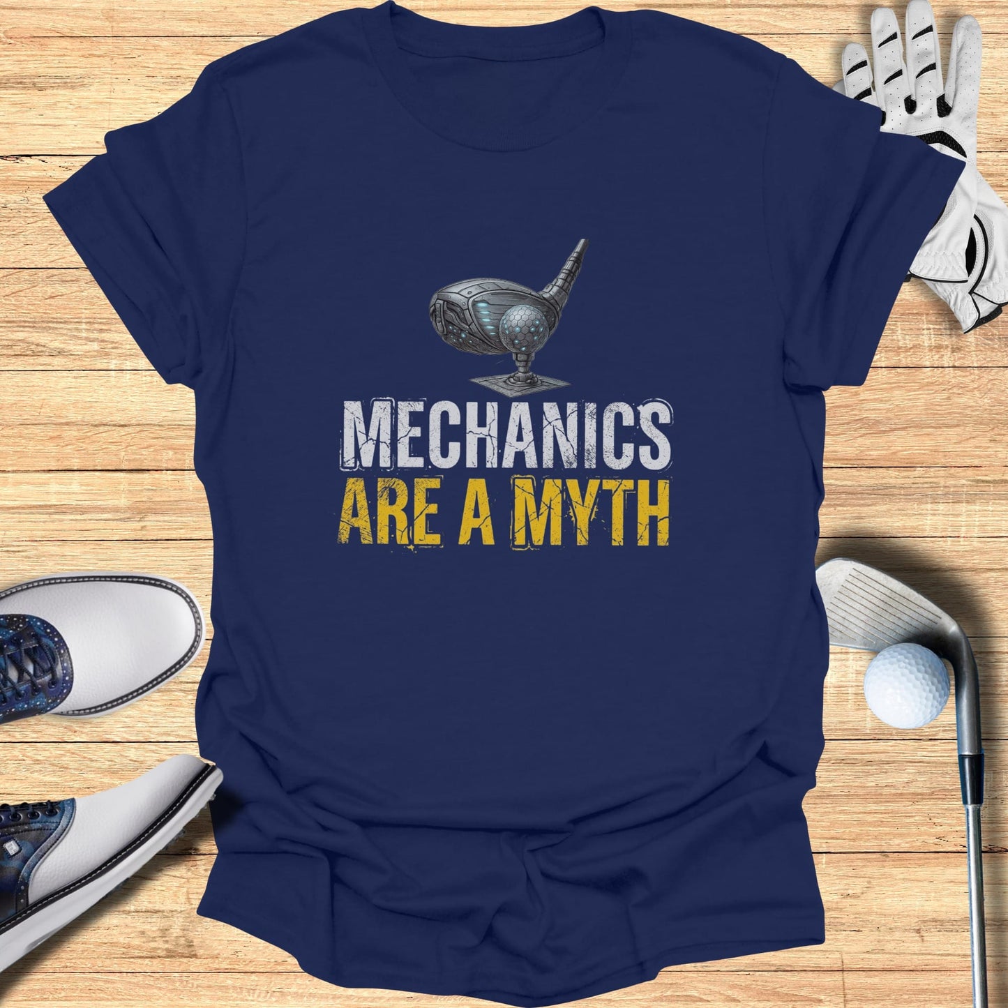 Navy t-shirt with "Mechanics Are A Myth" and golf club graphic.