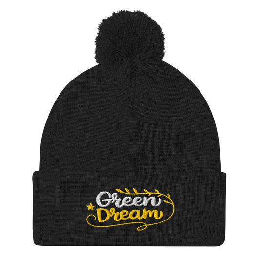 Green Dream Stars and Leaves Fun Embroidered Golf Pom-Pom Beanie - Funny Golf Tee by Swing Epic