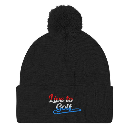 Live to Golf Quirky Fun Lovers Embroidered Golf Pom-Pom Beanie - Funny Golf Tee by Swing Epic