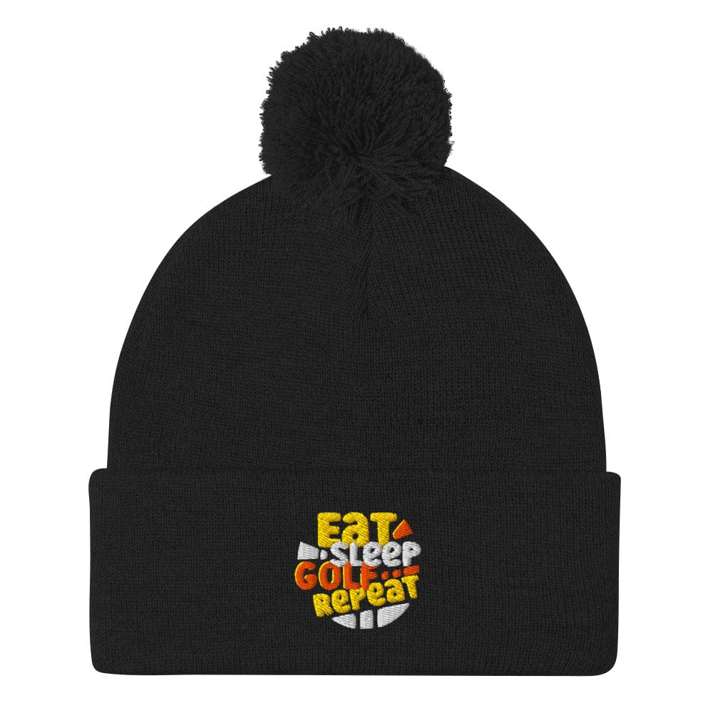 Eat Sleep Golf Repeat Fun Embroidered Golf Pom-Pom Beanie - Funny Golf Tee by Swing Epic