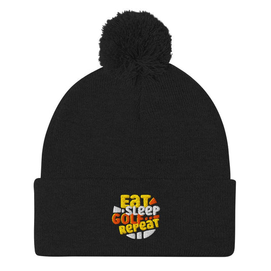 Eat Sleep Golf Repeat Fun Embroidered Golf Pom-Pom Beanie - Funny Golf Tee by Swing Epic