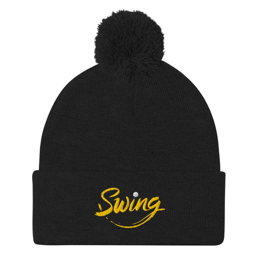 Swing into Action Statement Embroidered Golf Pom-Pom Beanie - Funny Golf Tee by Swing Epic