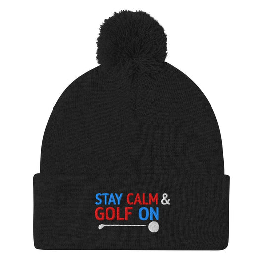 Stay Calm and Golf On Funny Embroidered Golf Pom-Pom Beanie - Funny Golf Tee by Swing Epic