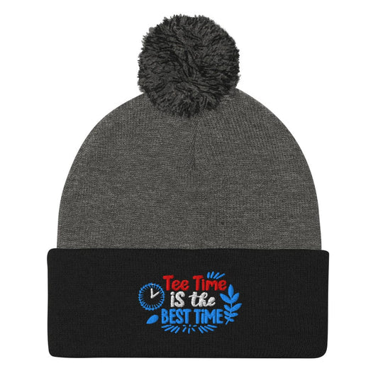 Tee Time Is The Best Time Embroidered Golf Pom-Pom Beanie - Funny Golf Tee by Swing Epic
