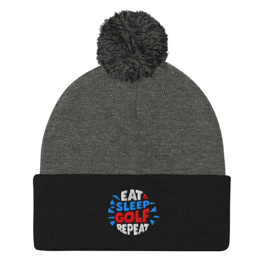Eat Sleep Golf Repeat Fun Embroidered Golf Pom-Pom Beanie - Funny Golf Tee by Swing Epic