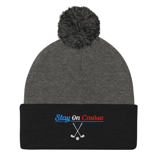 Stay On Course Engaging Quirky Embroidered Golf Pom-Pom Beanie - Funny Golf Tee by Swing Epic