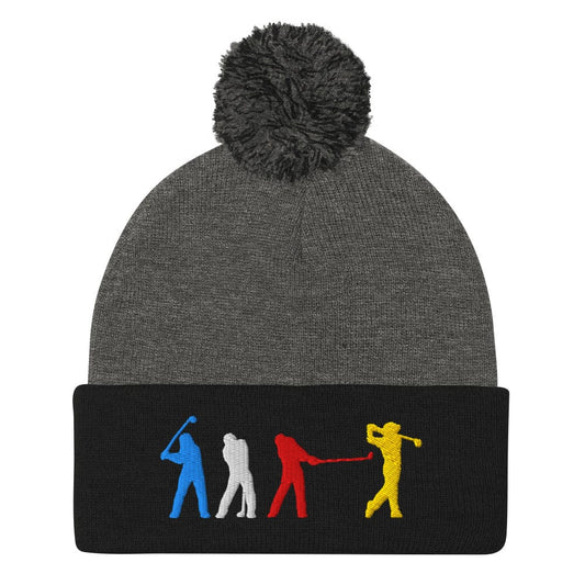 Four Swinging Silhouettes Dynamic Embroidered Golf Pom-Pom Beanie - Funny Golf Tee by Swing Epic