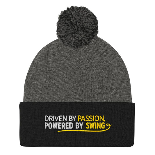 Driven By Passion Powered By Swing Embroidered Golf Pom-Pom Beanie - Funny Golf Tee by Swing Epic