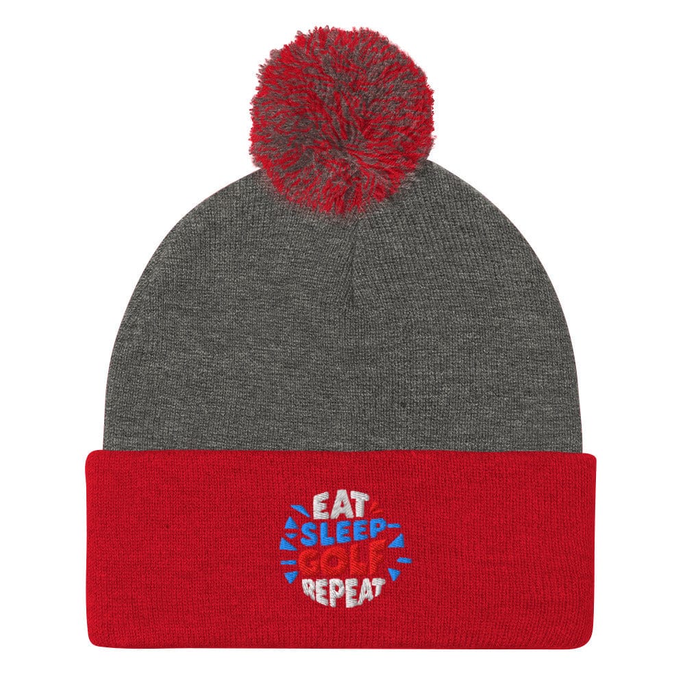 Eat Sleep Golf Repeat Fun Embroidered Golf Pom-Pom Beanie - Funny Golf Tee by Swing Epic