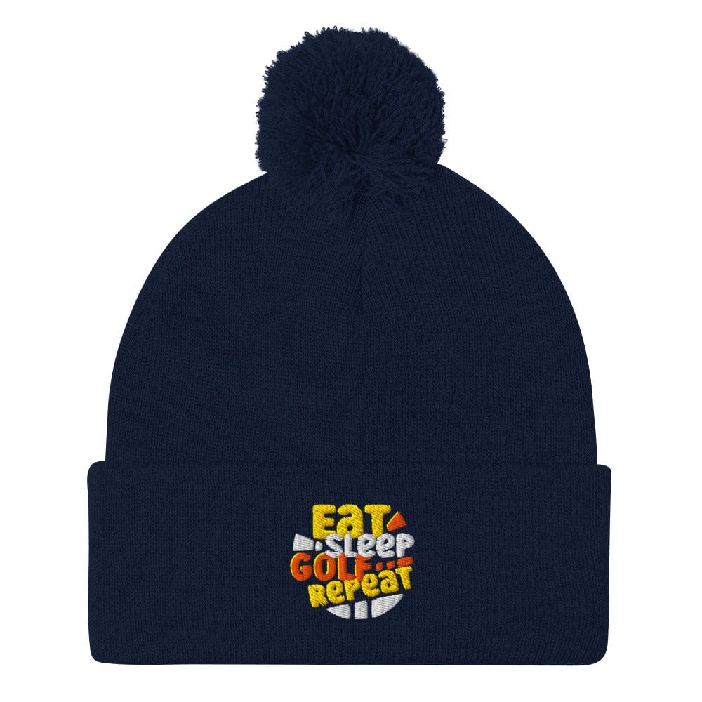 Eat Sleep Golf Repeat Fun Embroidered Golf Pom-Pom Beanie - Funny Golf Tee by Swing Epic
