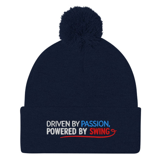 Driven By Passion Powered By Swing Embroidered Golf Pom-Pom Beanie - Funny Golf Tee by Swing Epic