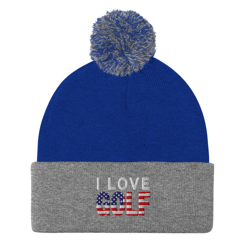 I Love Golf USA Flag Patriotic Embroidered Golf Pom-Pom Beanie - Funny Golf Tee by Swing Epic