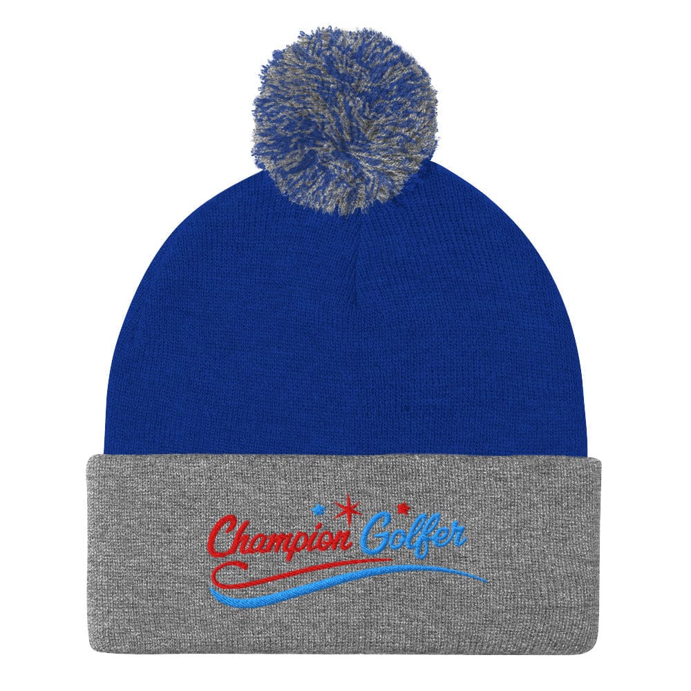 Champion Golfer Fun Star Design Embroidered Golf Pom-Pom Beanie - Funny Golf Tee by Swing Epic