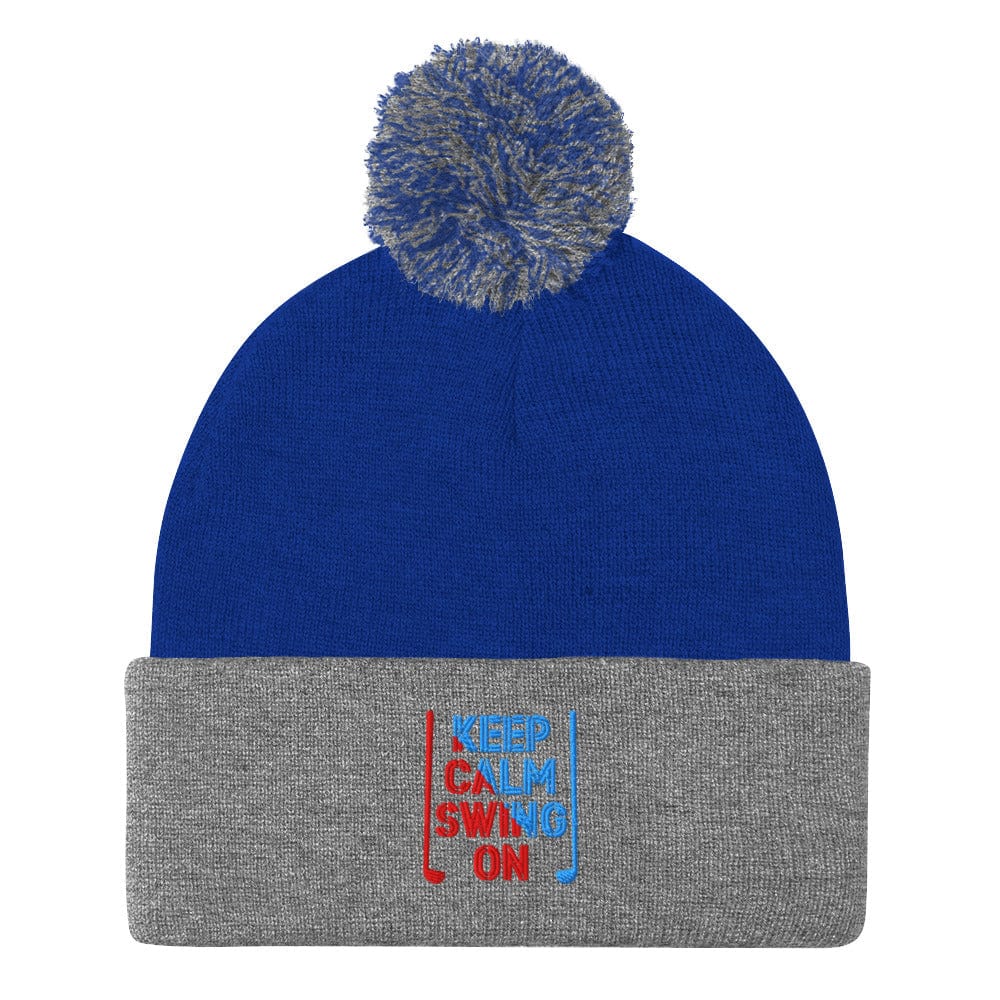Keep Calm Swing On Embroidered Golf Pom-Pom Beanie - Funny Golf Tee by Swing Epic