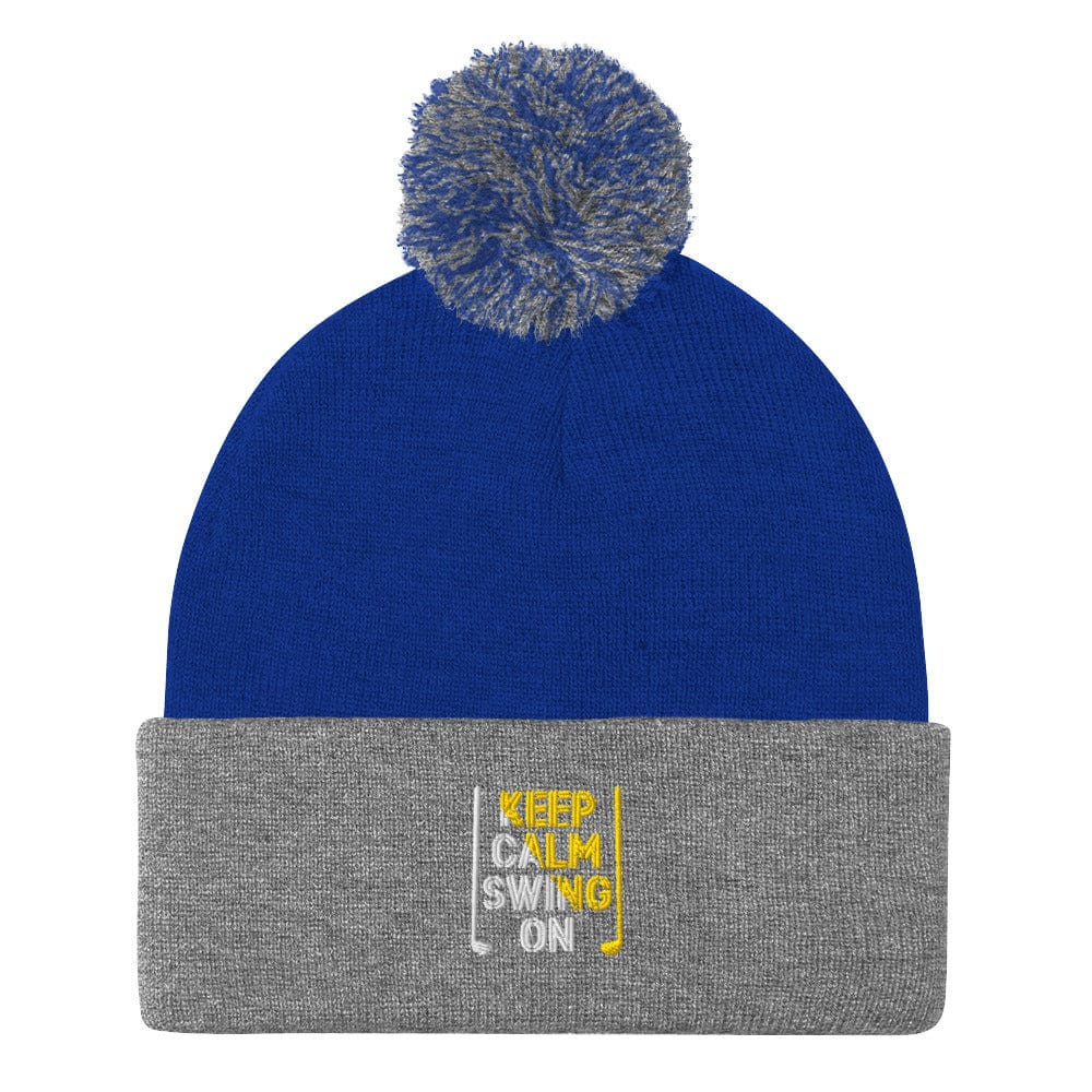 Keep Calm Swing On Embroidered Golf Pom-Pom Beanie - Funny Golf Tee by Swing Epic