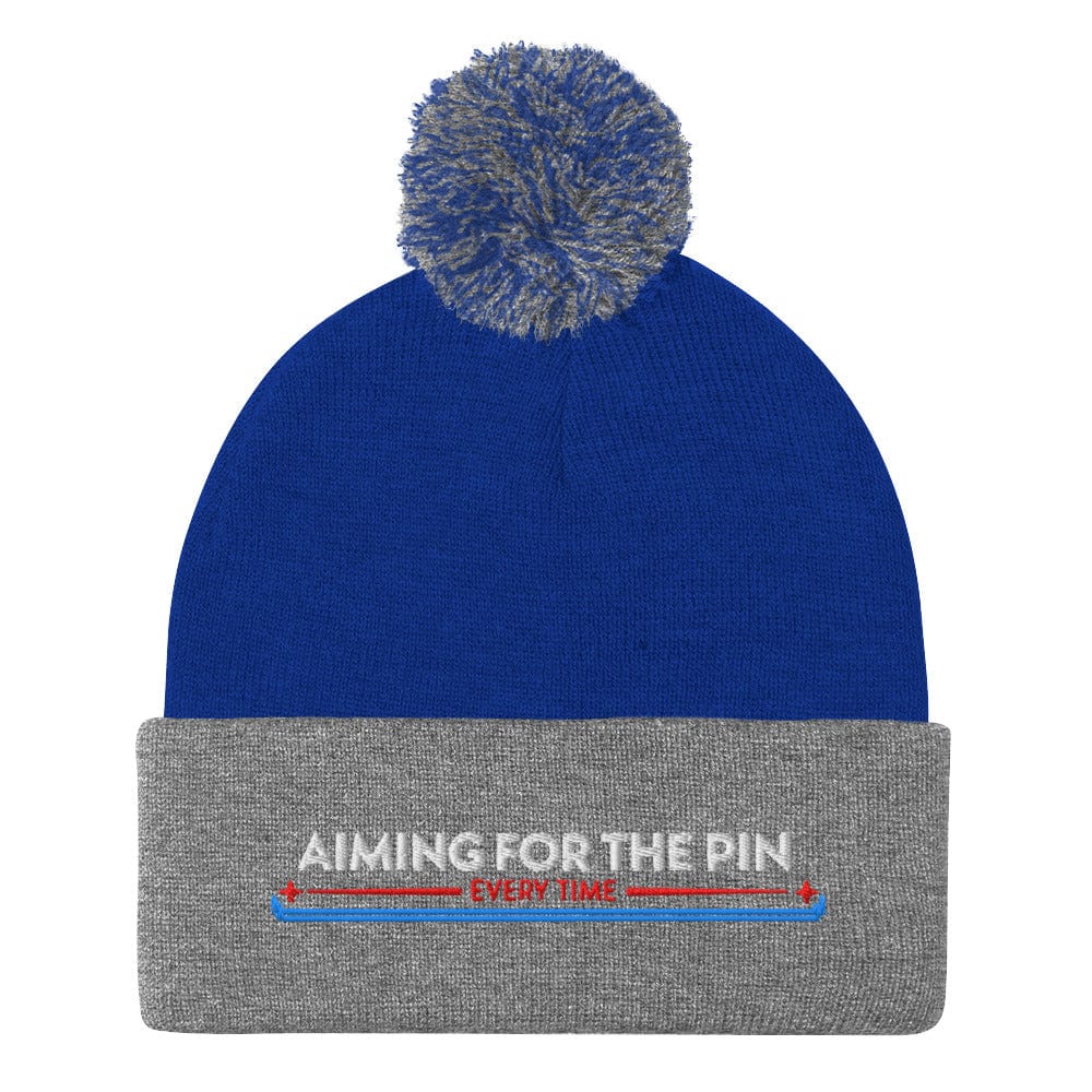 Aiming for the Pin Every Time Embroidered Golf Pom-Pom Beanie - Funny Golf Tee by Swing Epic