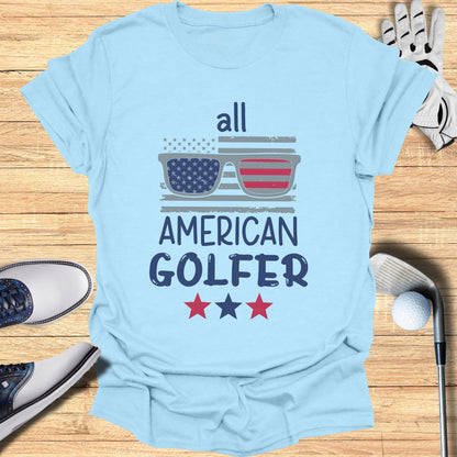 Light blue t-shirt with "all AMERICAN GOLFER" and American flag sunglasses.