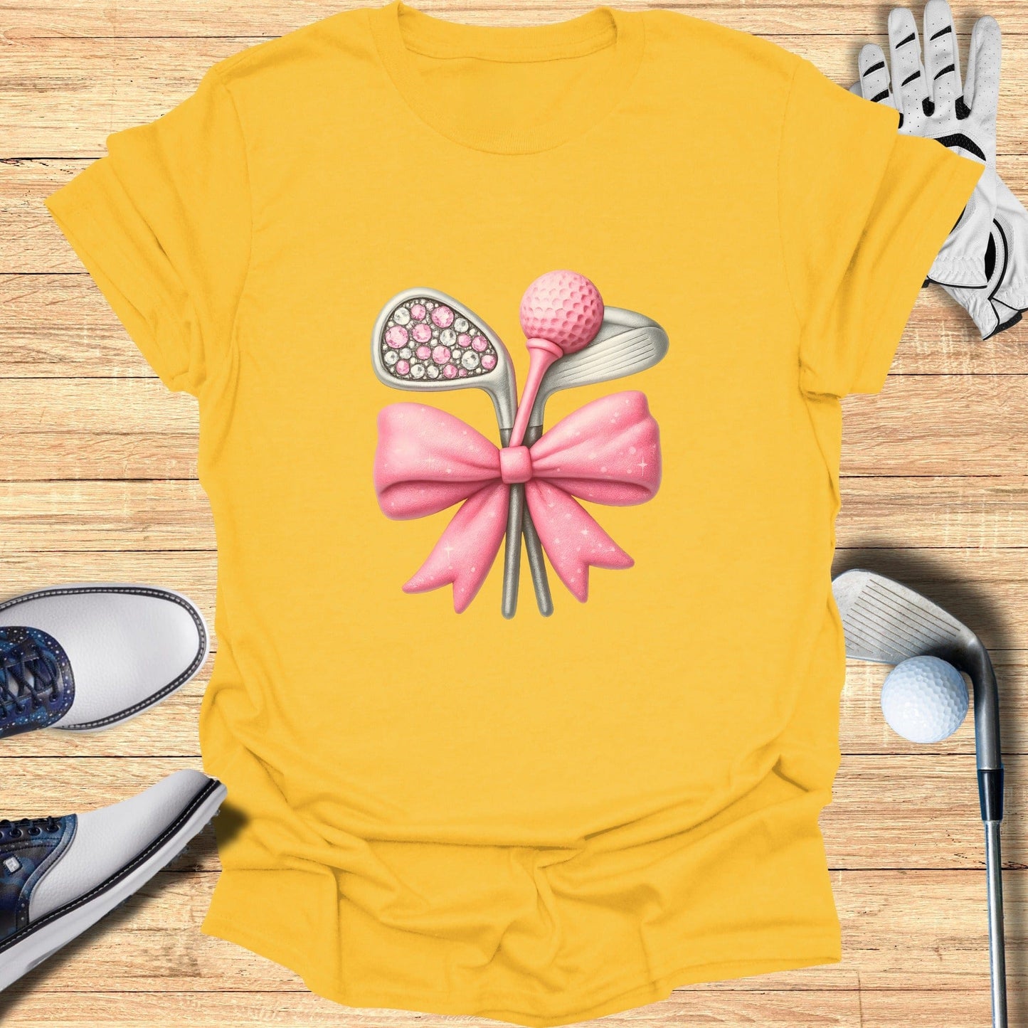 Pink Bow Golf Clubs and Ball Design T-shirt