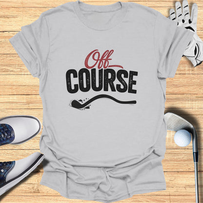 Grey t-shirt with "Off Course" text and golf accessories.