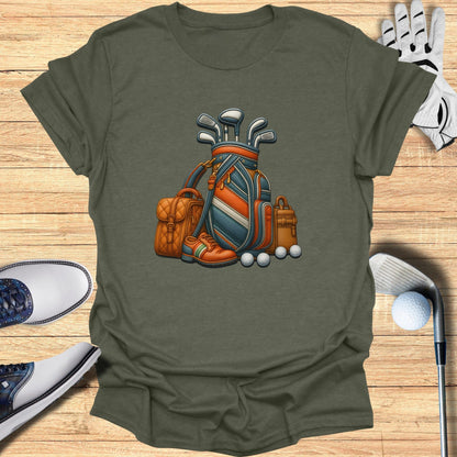 Golf Equipment Illustration on Olive Green Shirt