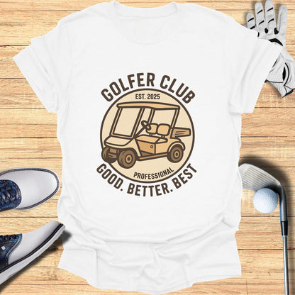 Golf club logo with a golf cart and text "GOLFER CLUB EST. 2025 GOOD. BETTER. BEST."