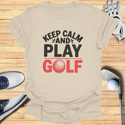 T-shirt with "Keep Calm and Play Golf" text and a golf ball graphic.