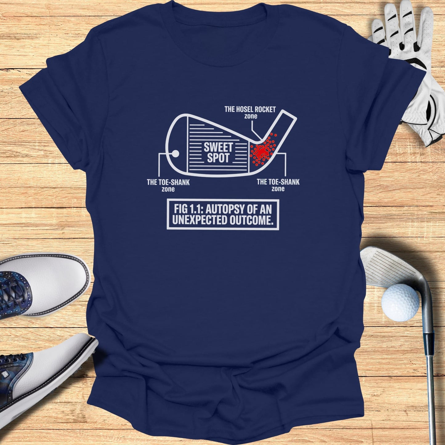 Navy t-shirt with diagram of golf club head showing sweet spot and impact zones.
