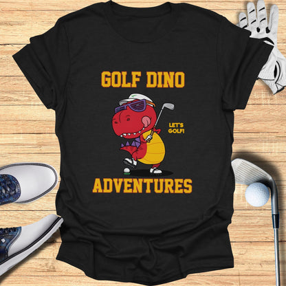 T-shirt featuring a cartoon dinosaur golfer with text "GOLF DINO ADVENTURES".