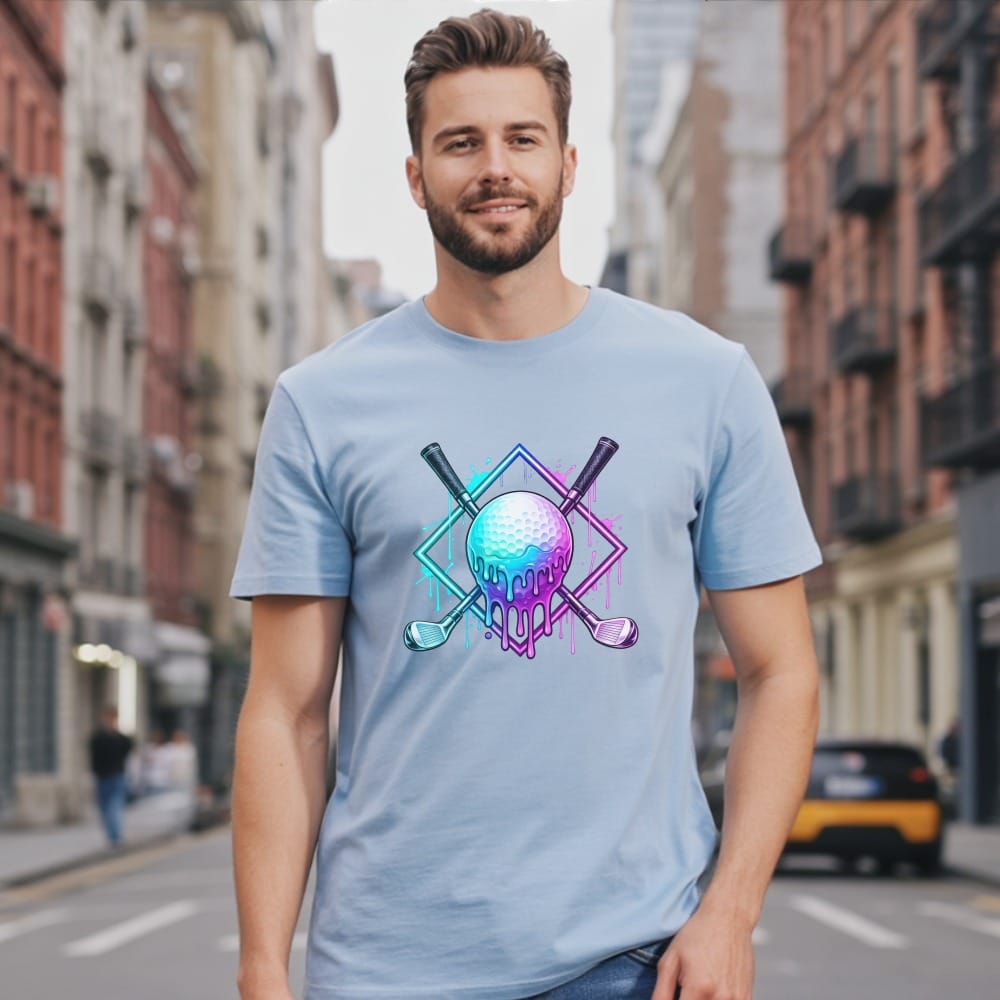 Light blue t-shirt with a graphic of a melting golf ball and crossed golf clubs.