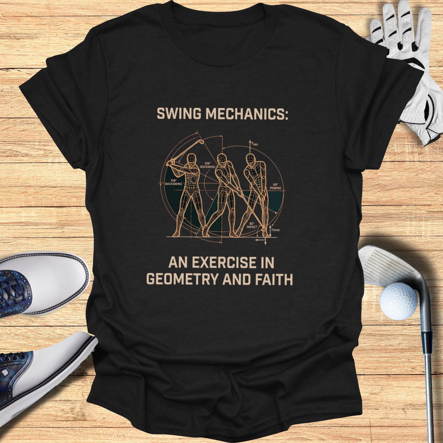 T-shirt with diagram of golf swing mechanics and text "AN EXERCISE IN GEOMETRY AND FAITH".